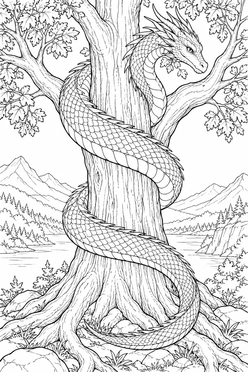 大樹に巻きつく長い竜の塗り絵