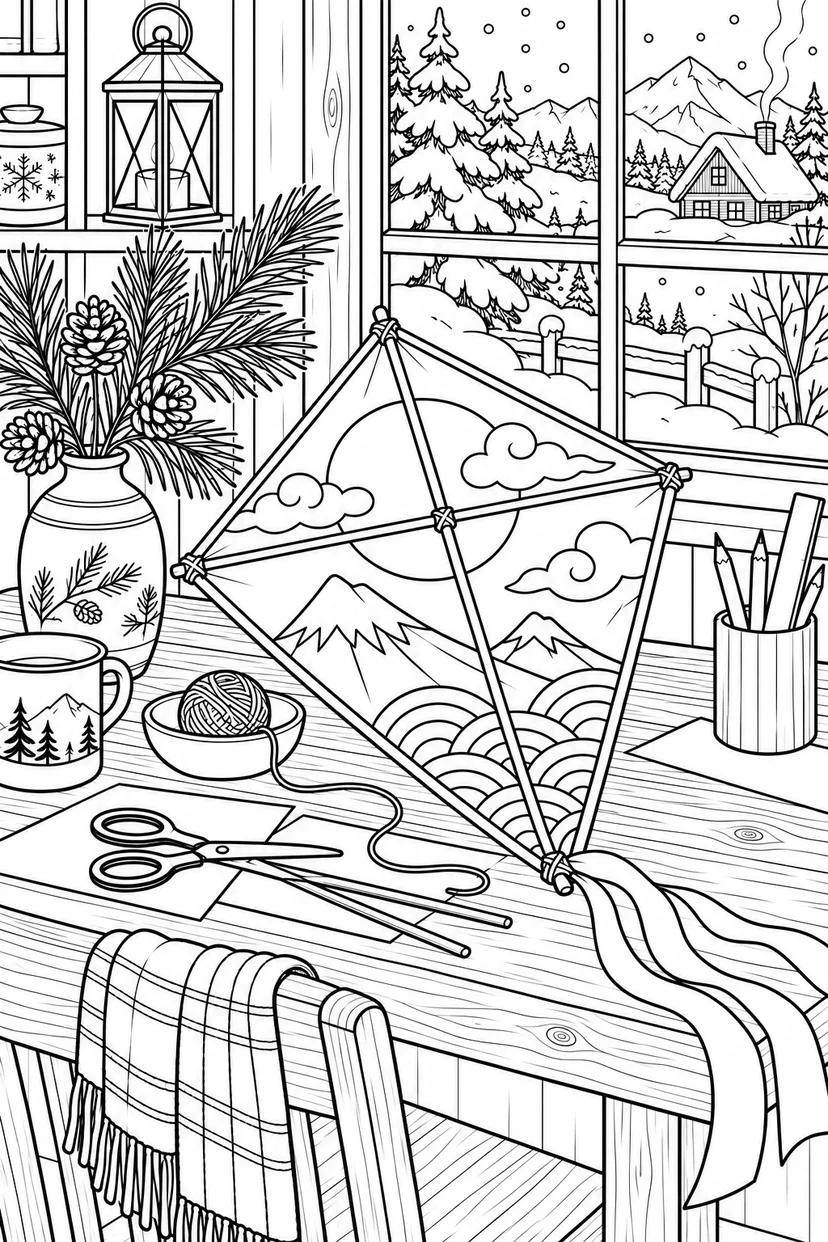 冬のたこづくりの工房の塗り絵