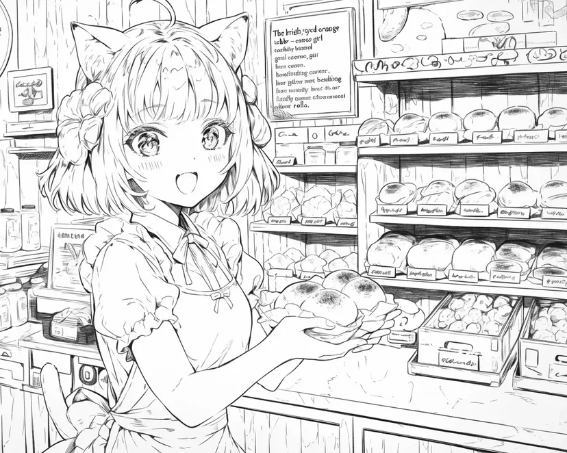 面包店里的猫耳女孩涂色页