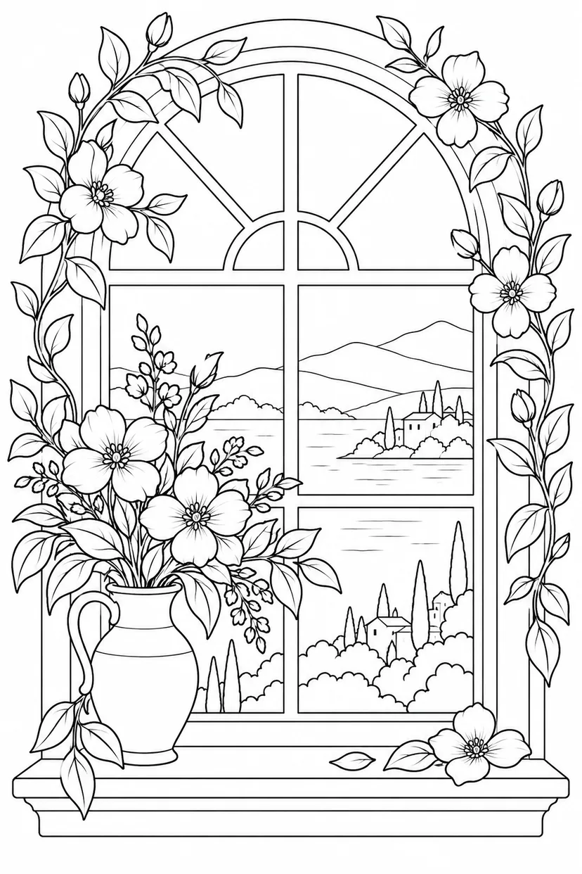 アーチ窓の内側の花模様の塗り絵
