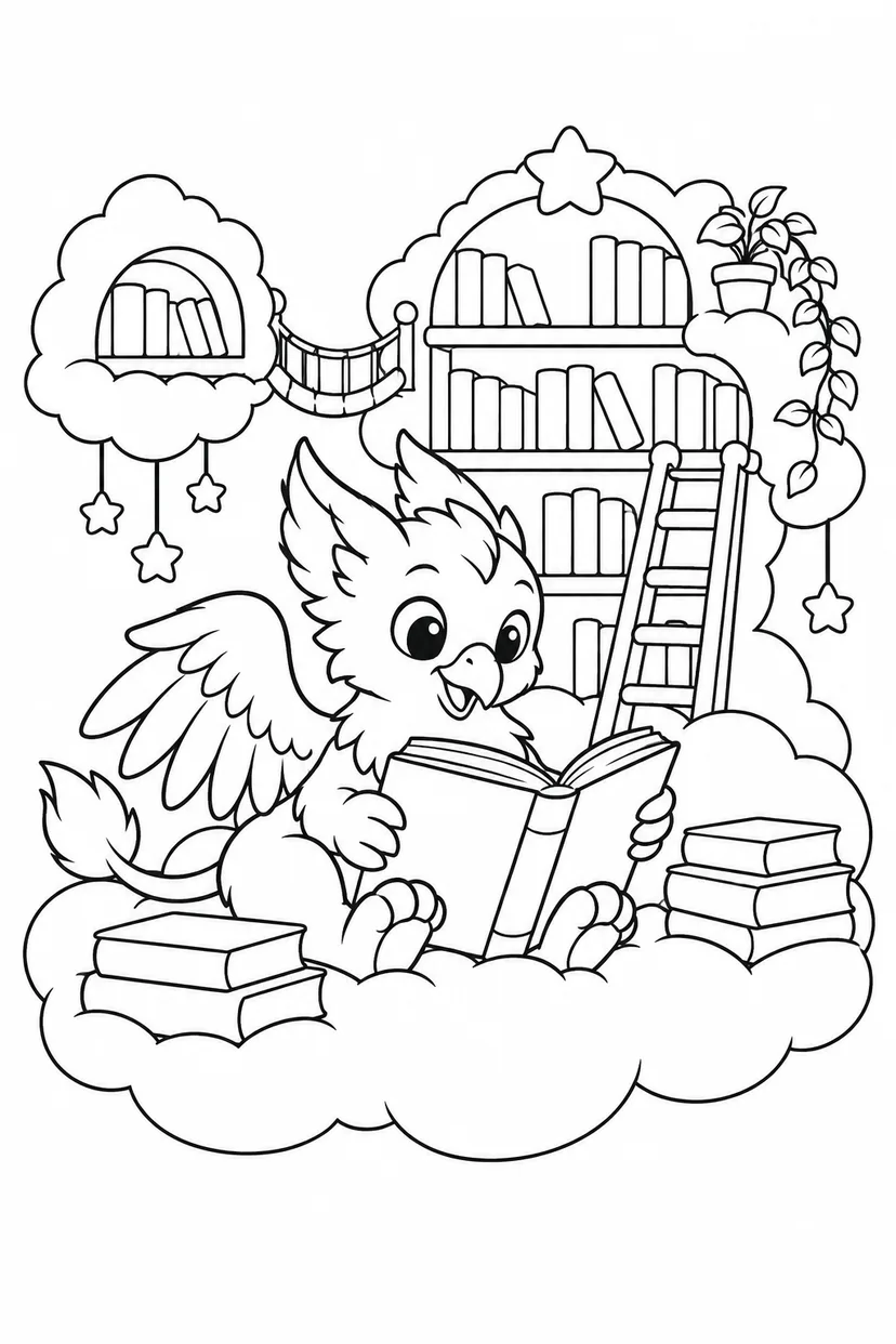 小さなグリフォンと雲の図書館の塗り絵