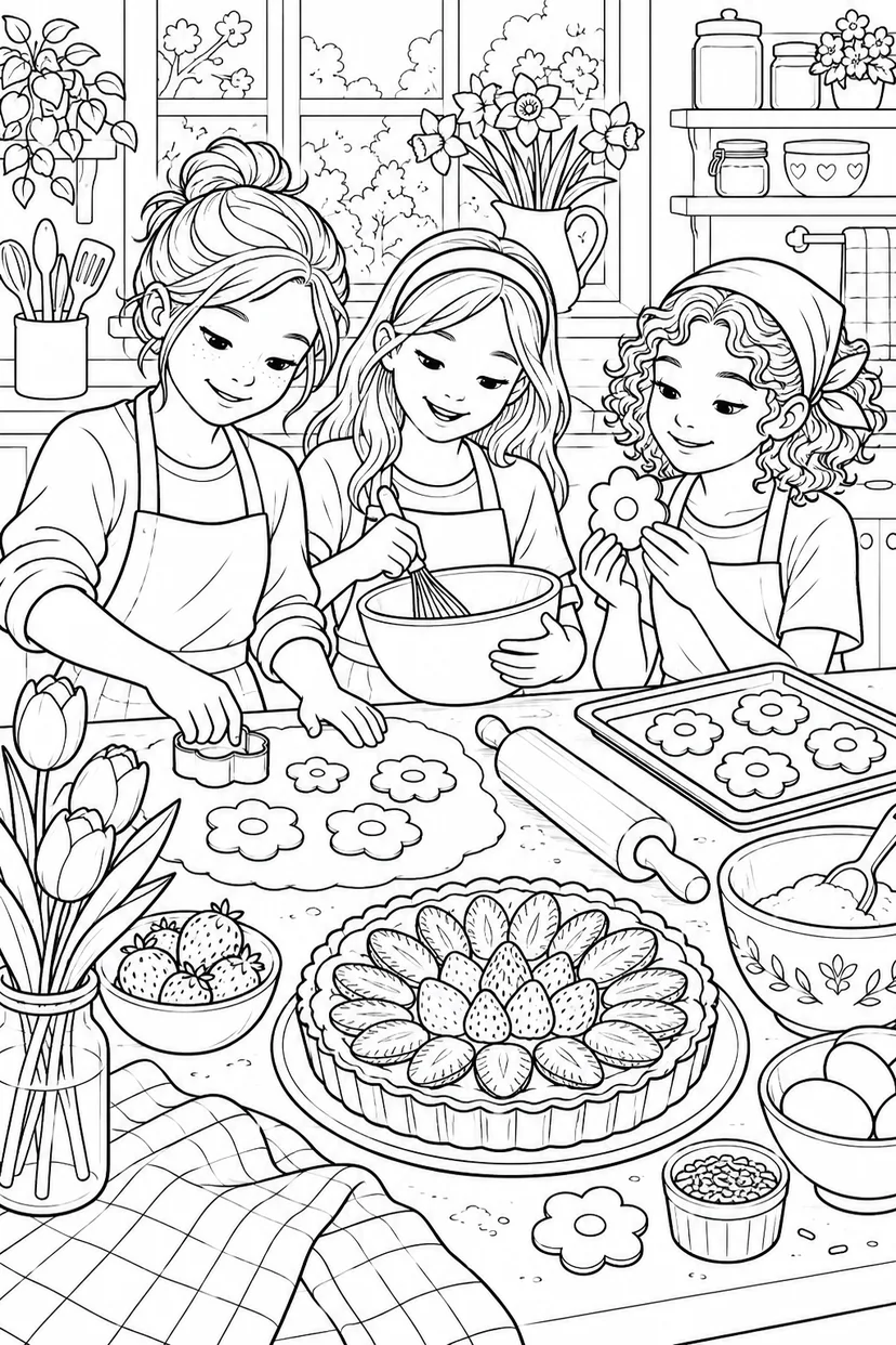 春のお菓子づくりの教室の塗り絵