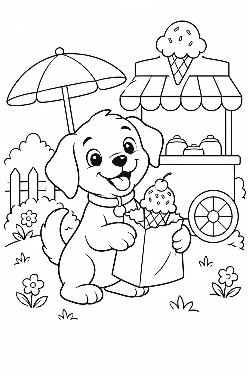 こいぬのアイス屋さんのお買い物の塗り絵