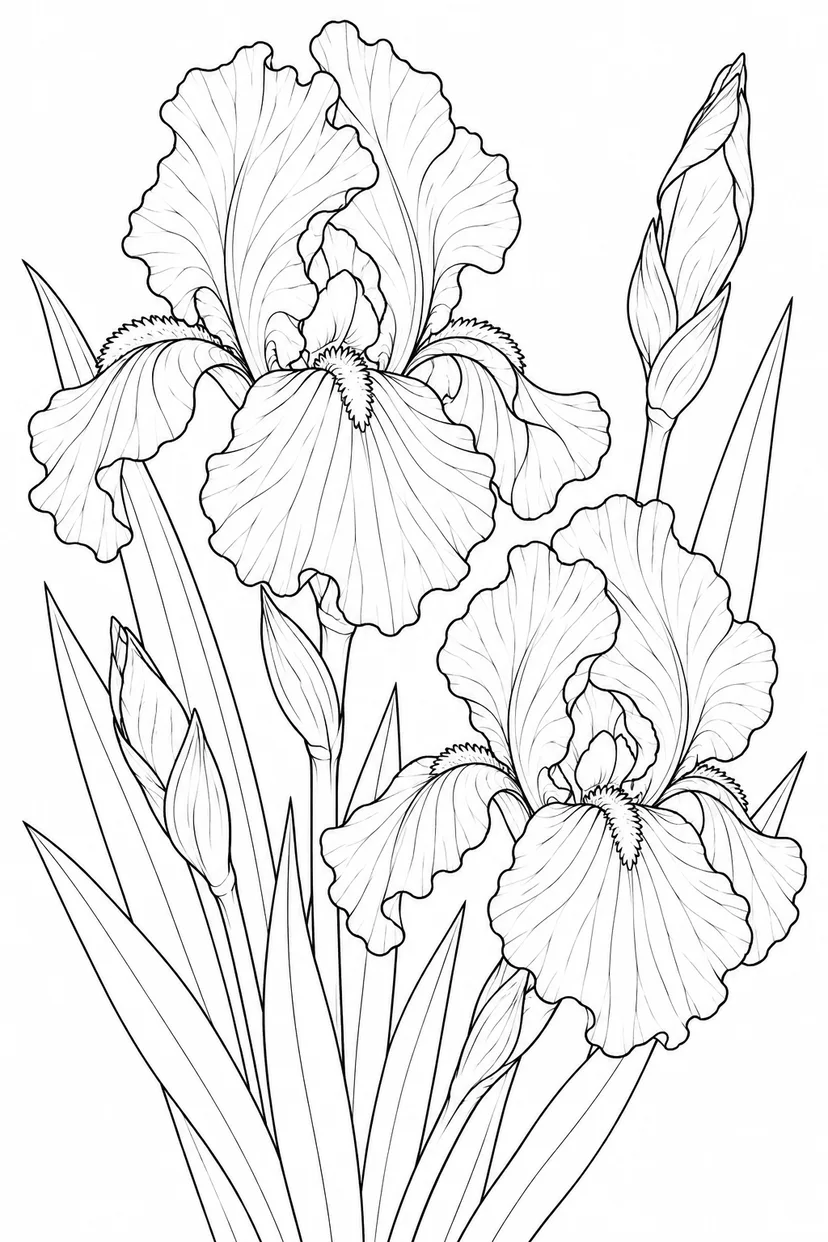 観察スケッチ：アヤメの花と剣形の葉の塗り絵