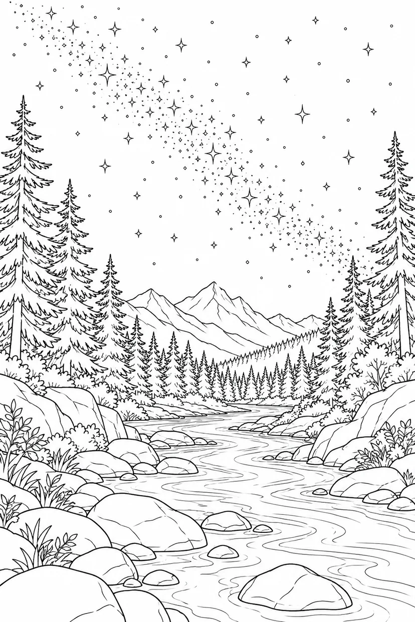 モミの森の渓流と天の川の塗り絵