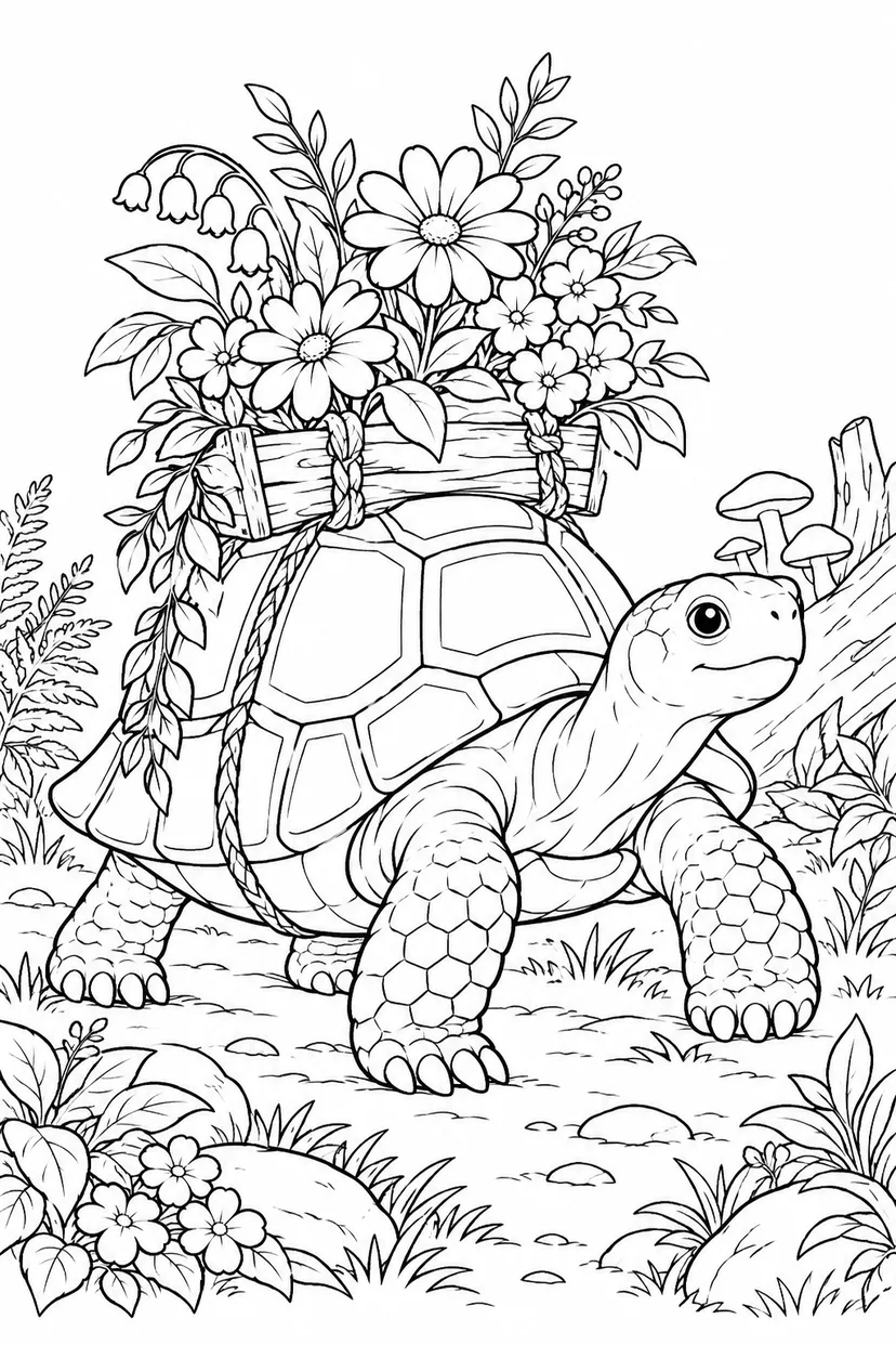 花を背負う森の大きな亀の塗り絵