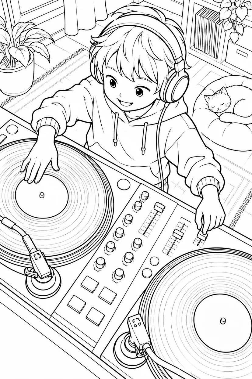 レコードを回す小さなDJの塗り絵