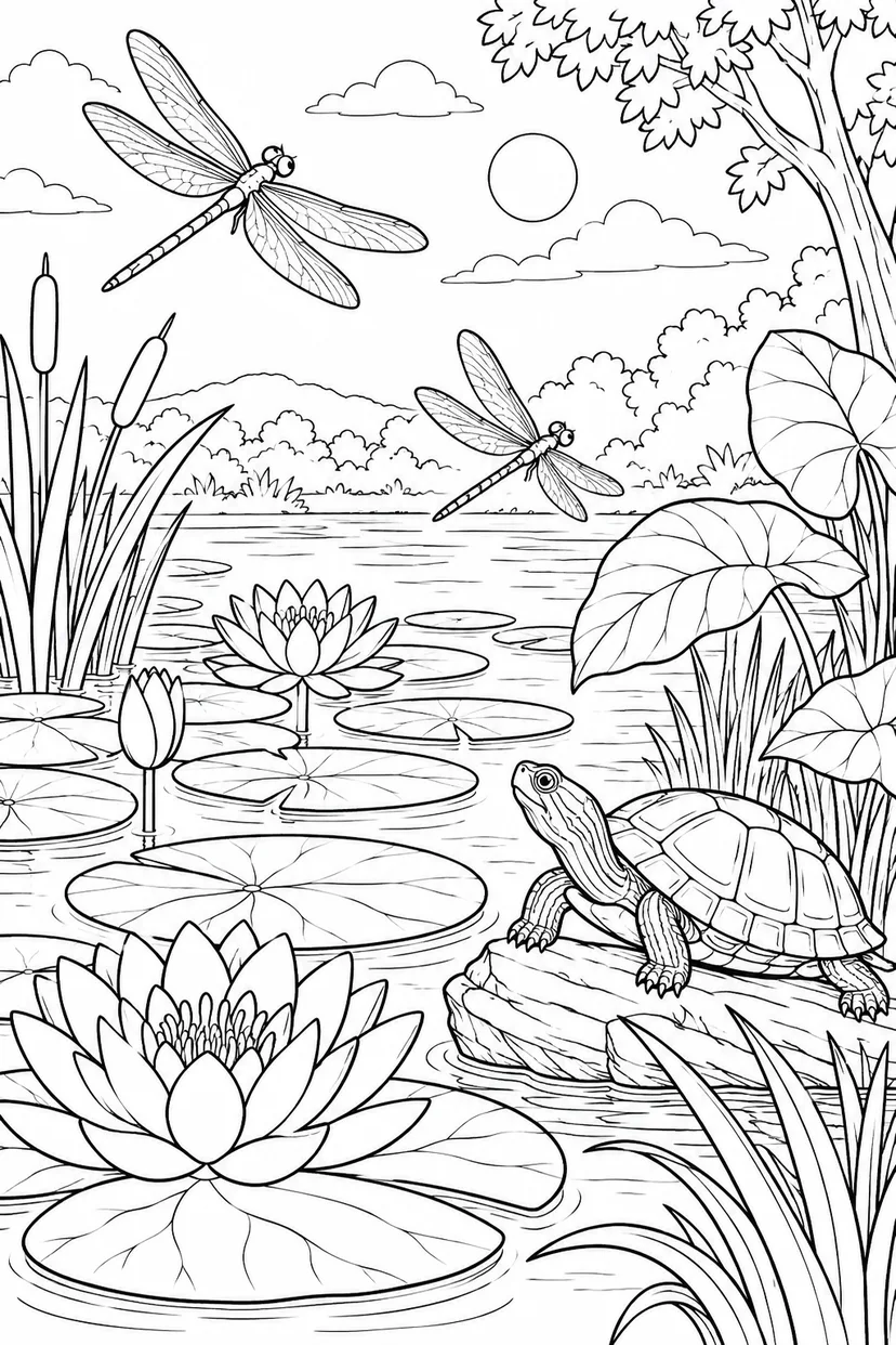 夏の池のほとりの生きものの塗り絵