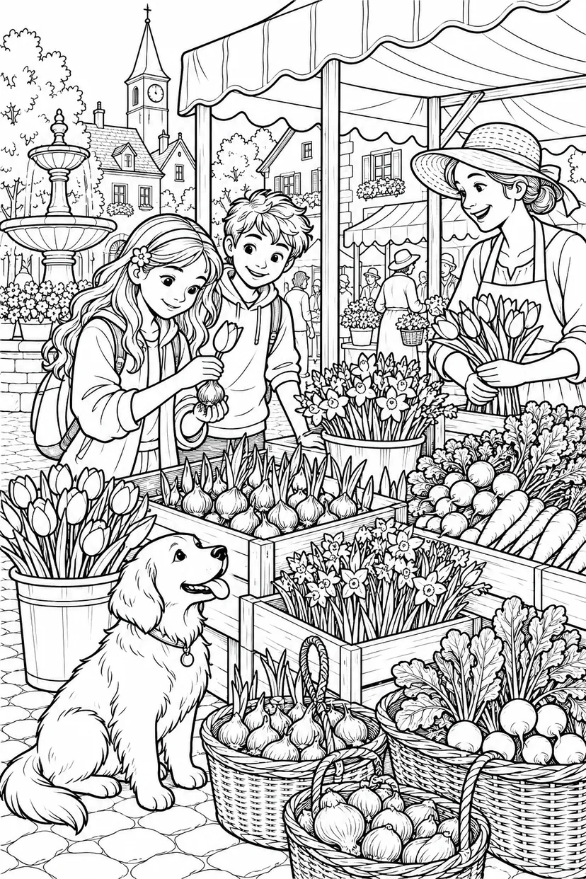 春の広場の季節市の塗り絵