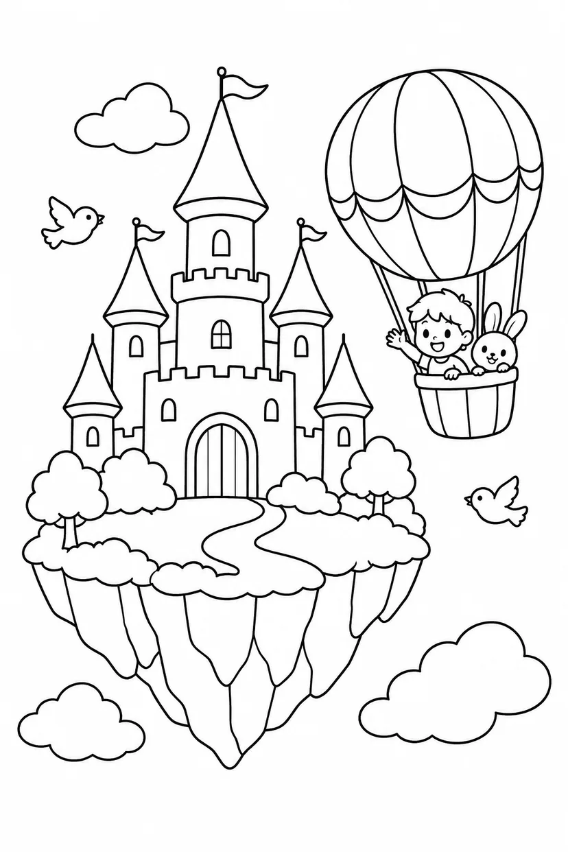 空飛ぶお城と気球の塗り絵