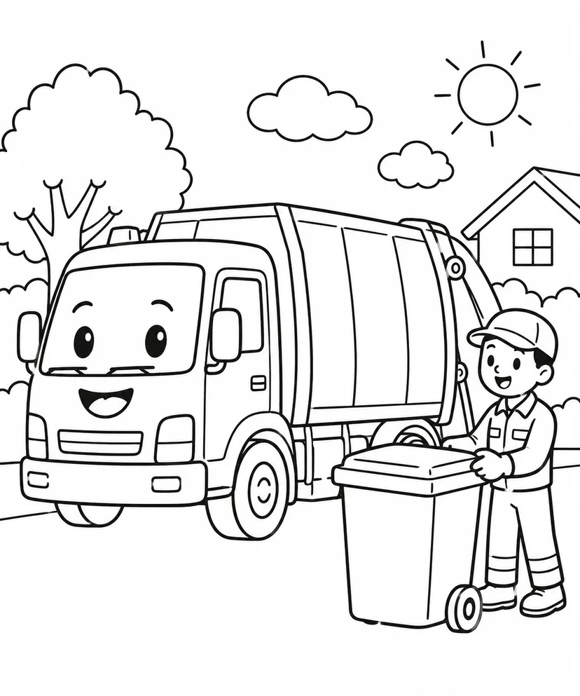 ごみ収集車とごみ箱の塗り絵