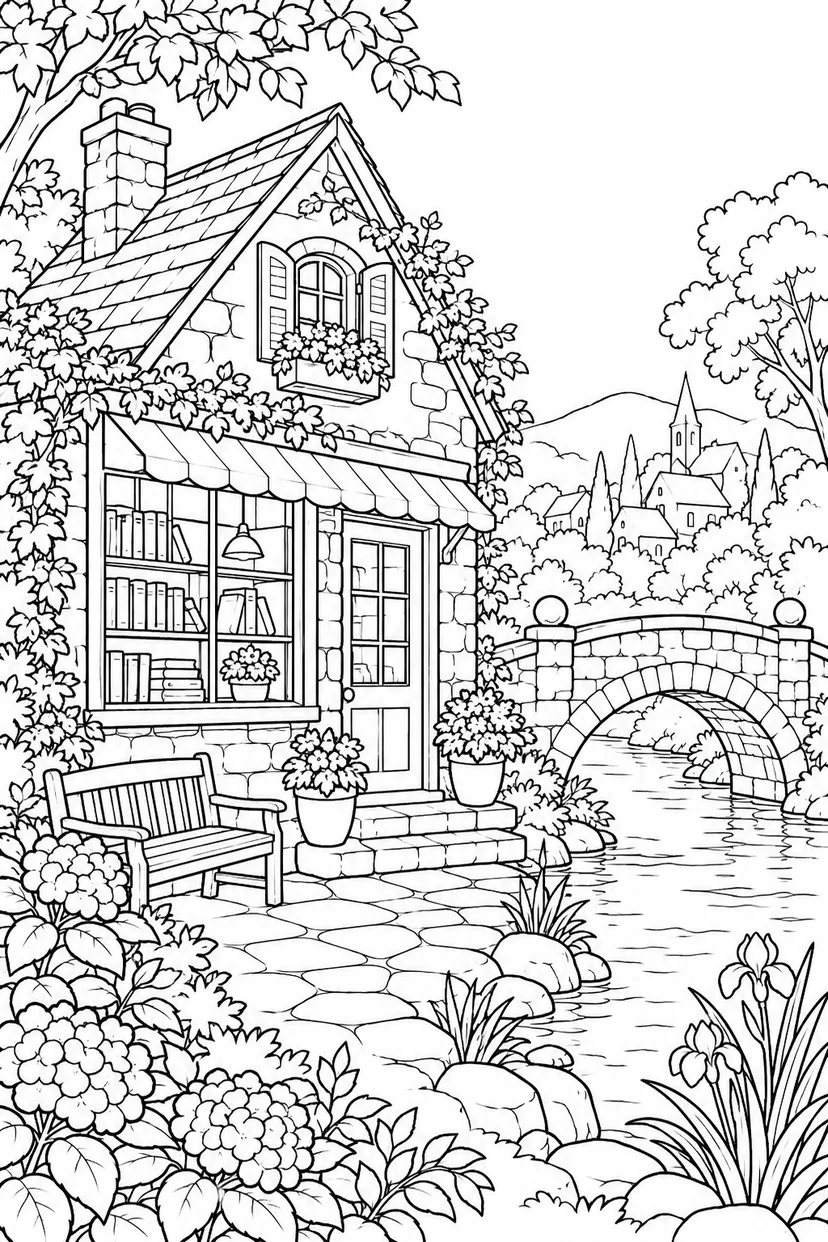石橋のたもとの小さな書店の塗り絵