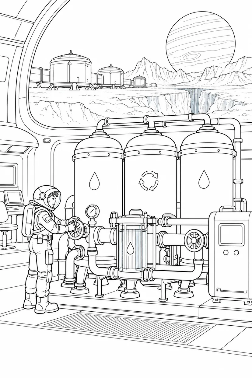 氷の衛星の探査基地：水を循環させる装置の塗り絵