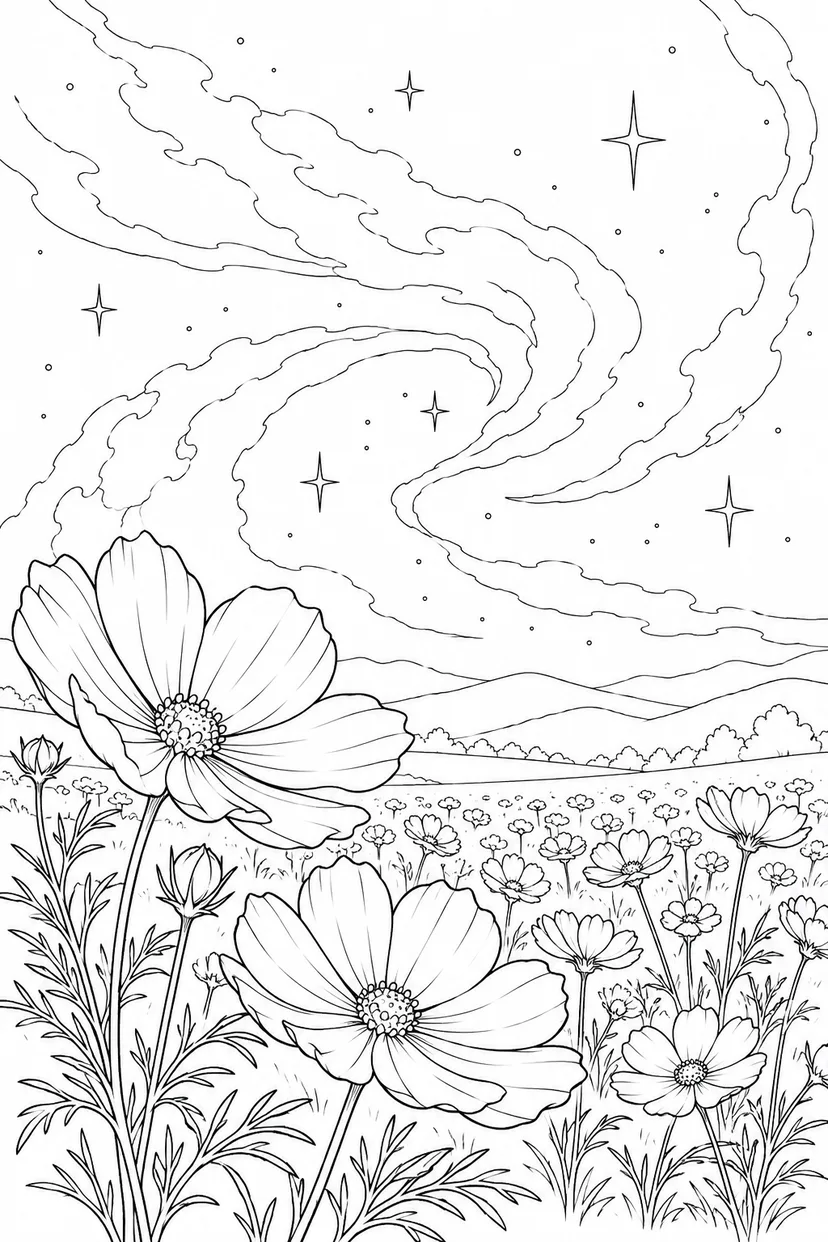 コスモスの花畑と星雲のゆらめきの塗り絵