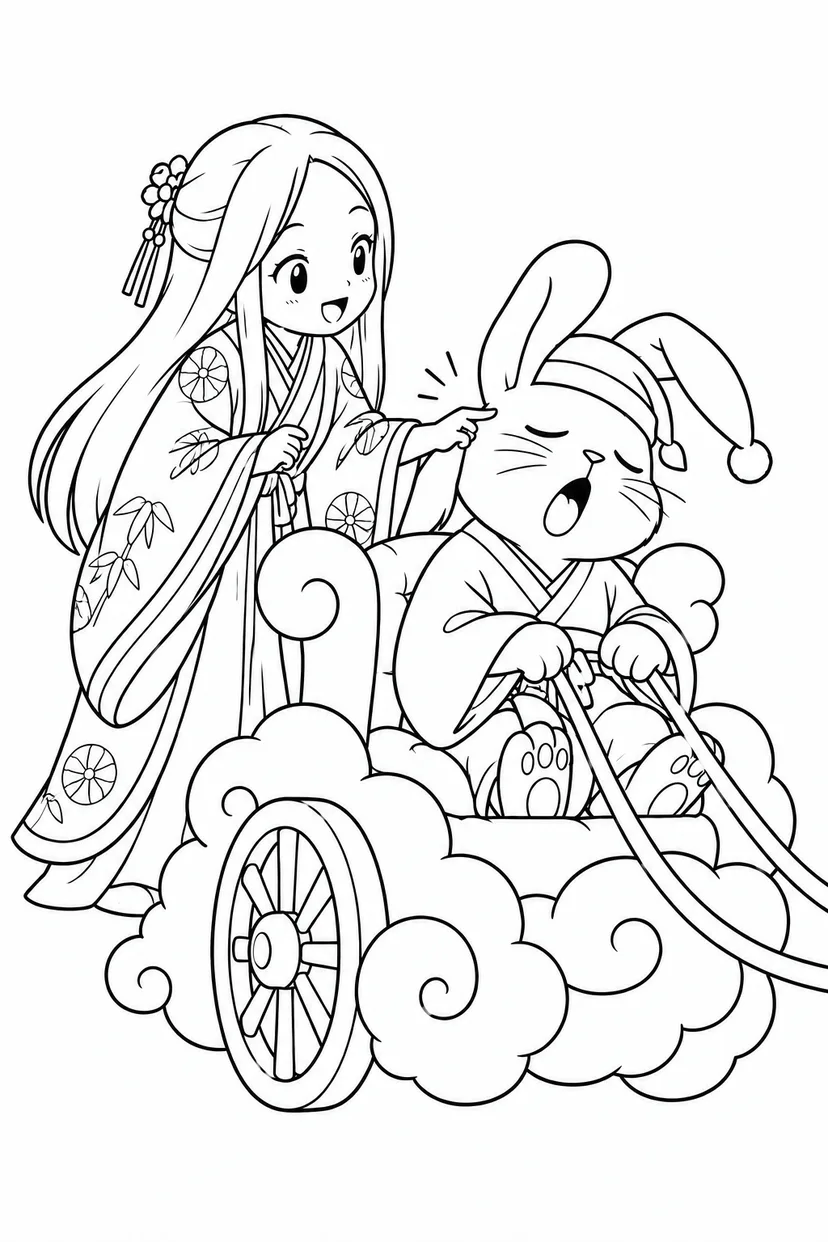 かぐや姫のお迎えうさぎが寝坊の塗り絵