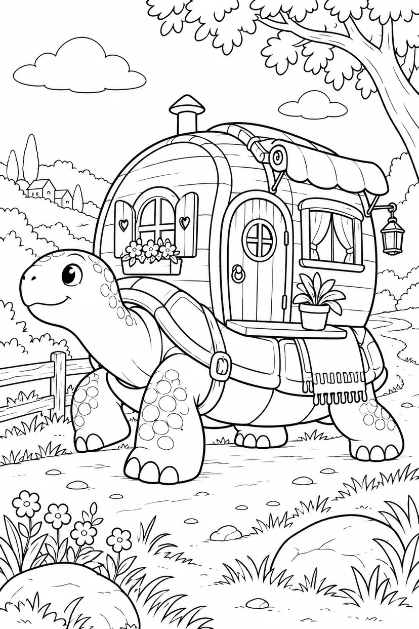 歩くかめのおうちの塗り絵