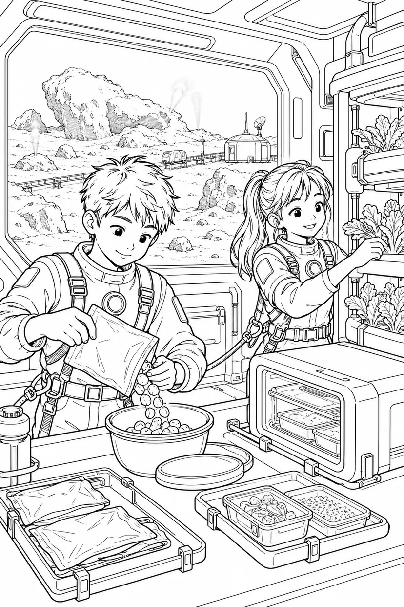 彗星の観測基地：宇宙食を作るキッチンの塗り絵