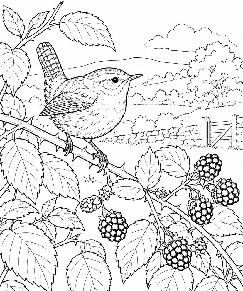 自然のひとこま：ミソサザイといばらの茂みの塗り絵