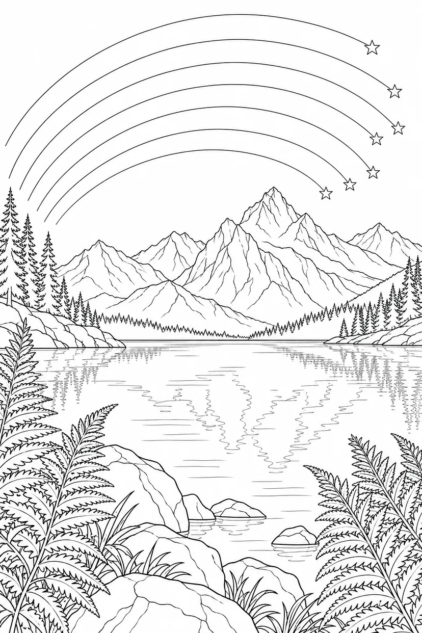 高山湖とシダと星の軌跡の塗り絵