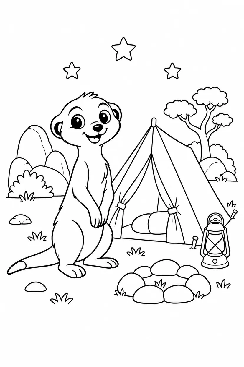 ミーアキャットの星空キャンプの塗り絵