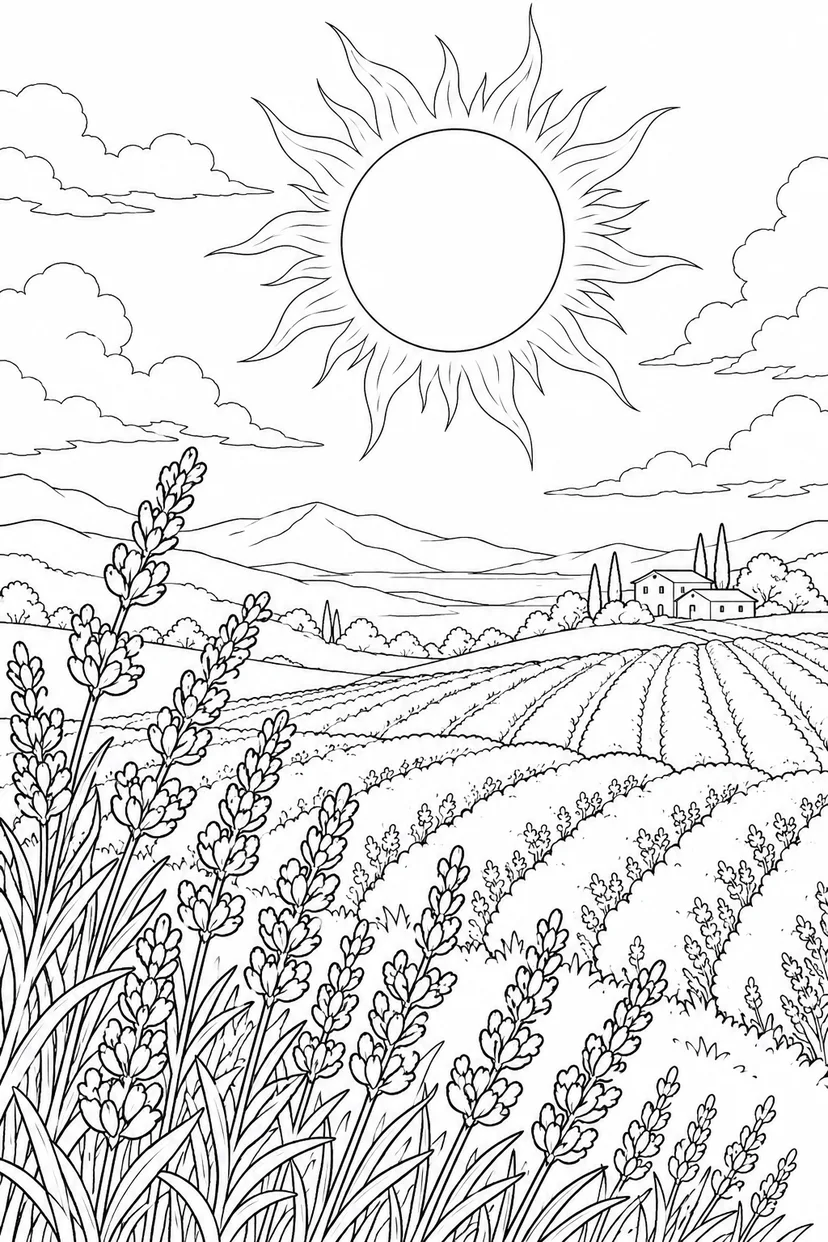 ラベンダーの丘と日食の光の輪の塗り絵