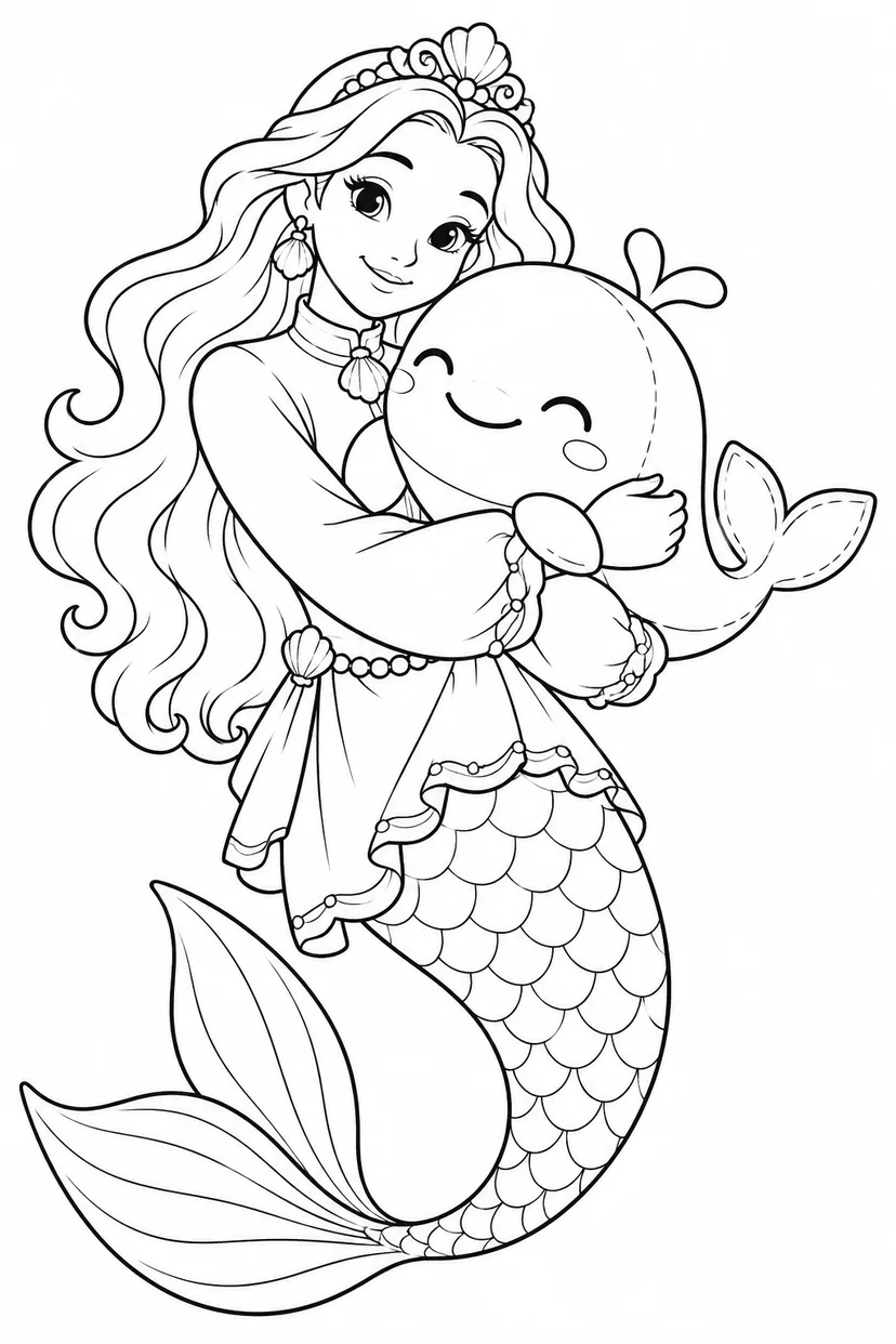 人魚姫：クジラのぬいぐるみをぎゅっの塗り絵