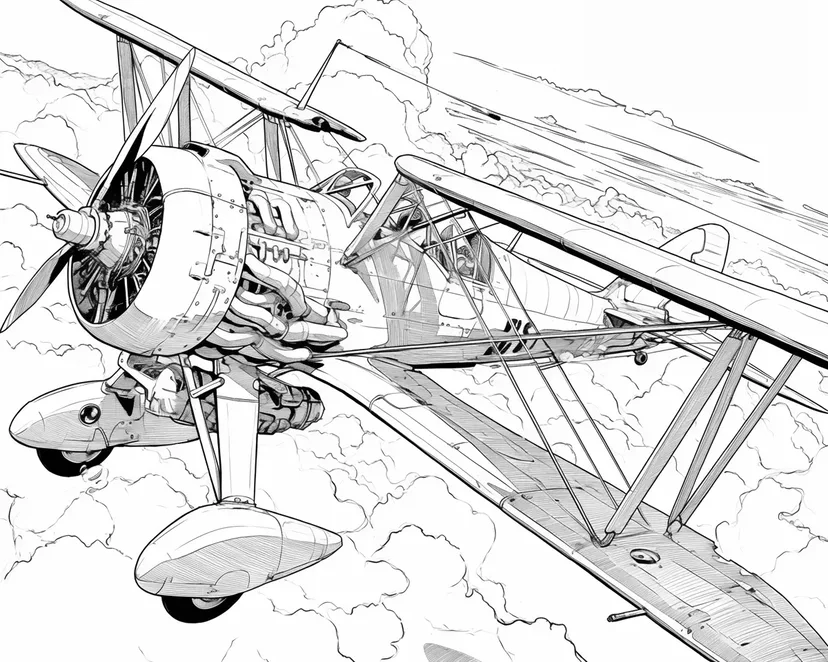 空を駆ける複葉機の塗り絵