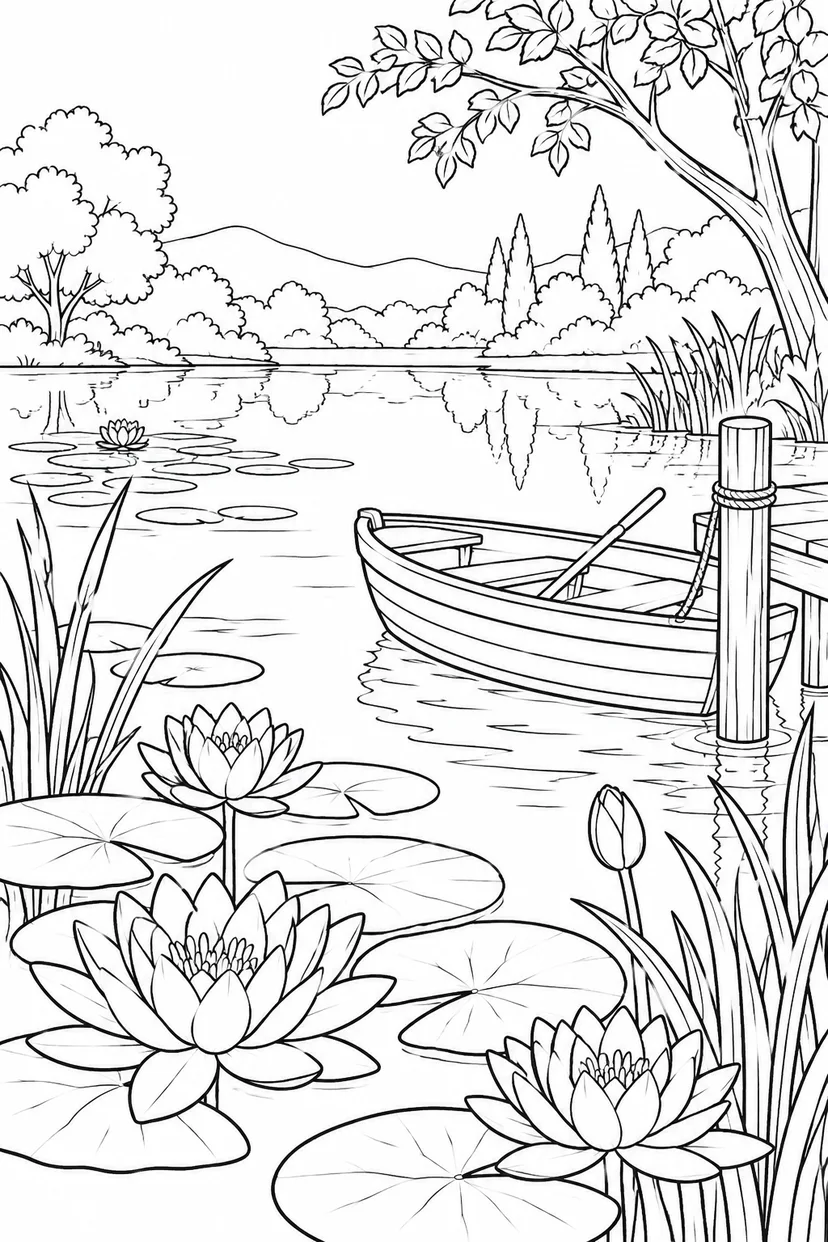 睡蓮と小舟の夏の池の塗り絵