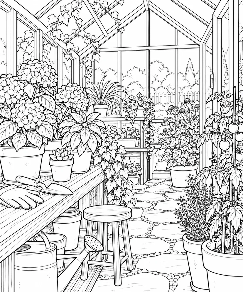 観察スケッチ：小さな温室と植木鉢の塗り絵