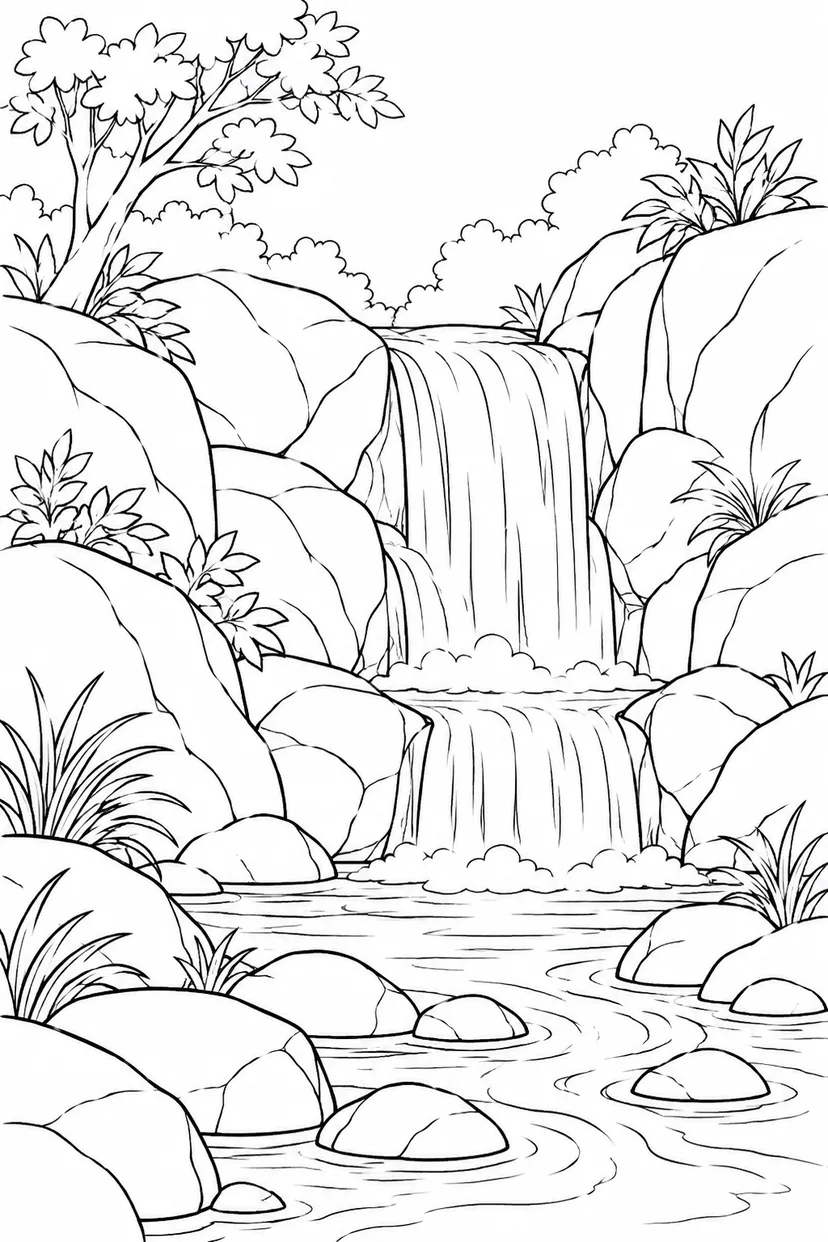 岩の間を流れる小さな滝の塗り絵