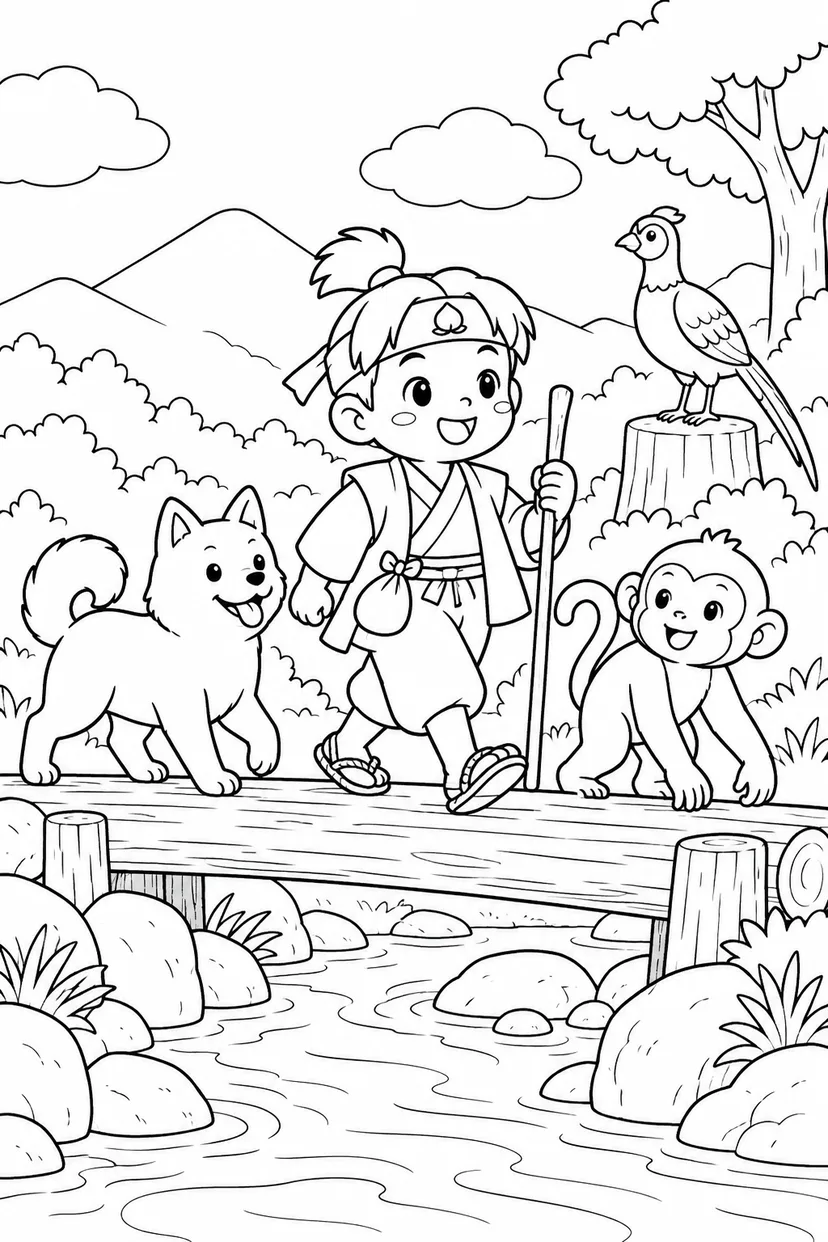ほっこり桃太郎：桃太郎一行の丸太橋の塗り絵