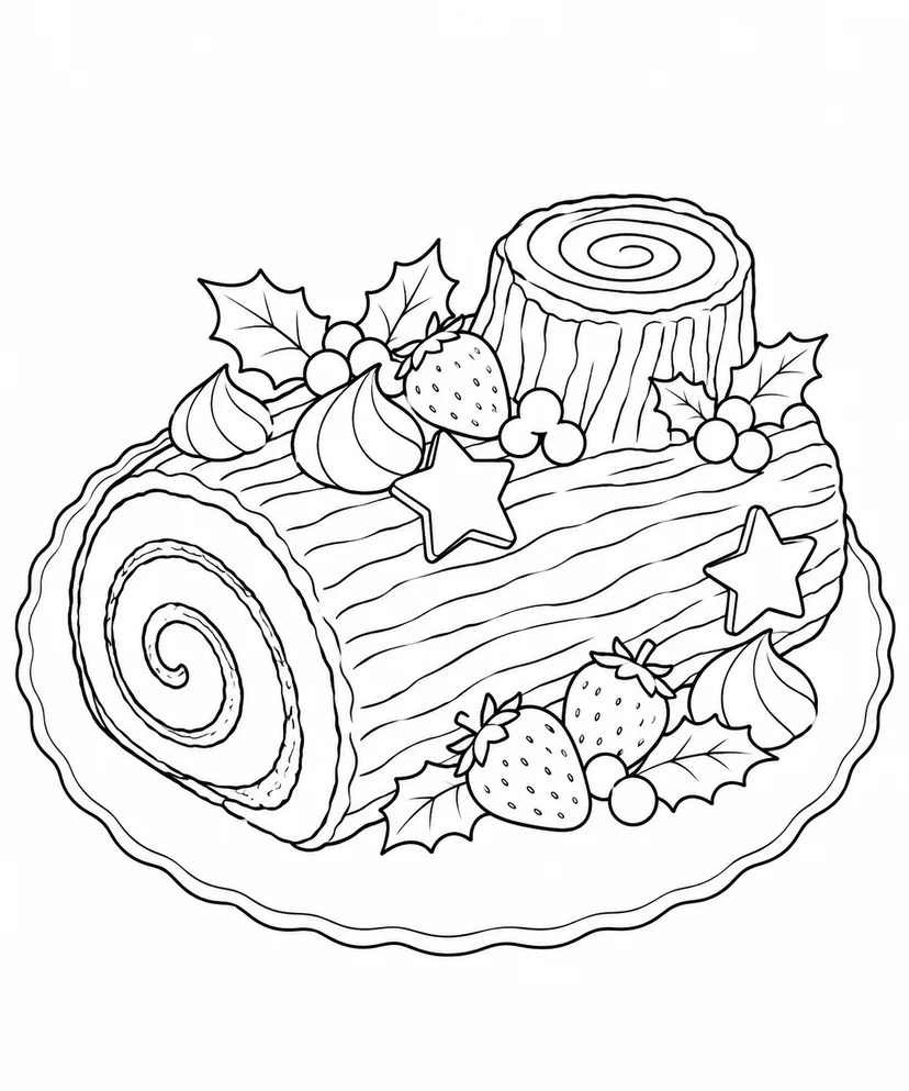 クリスマスの切り株ケーキの塗り絵