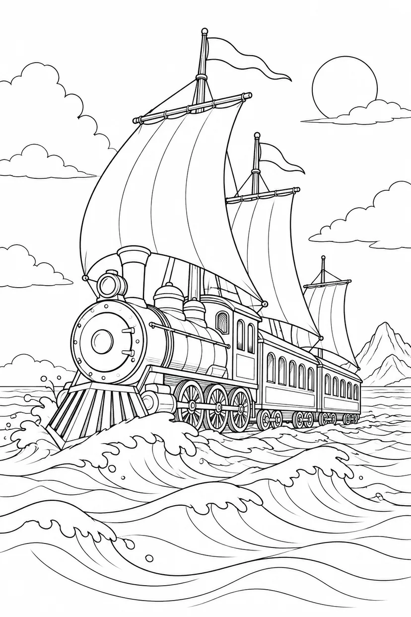 波の上を走る帆付きの列車の塗り絵