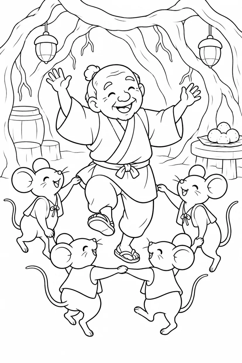 おむすびころりん・ほっこり：おじいさんも輪になっての塗り絵