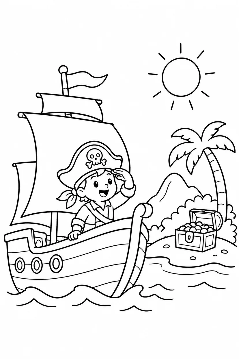 海賊船と宝の島の塗り絵