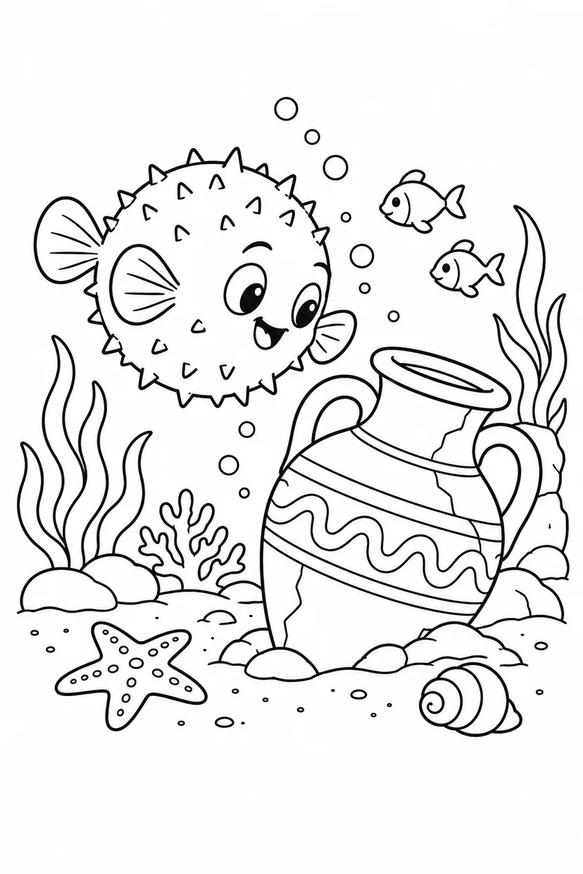 フグと沈んだ壺の塗り絵