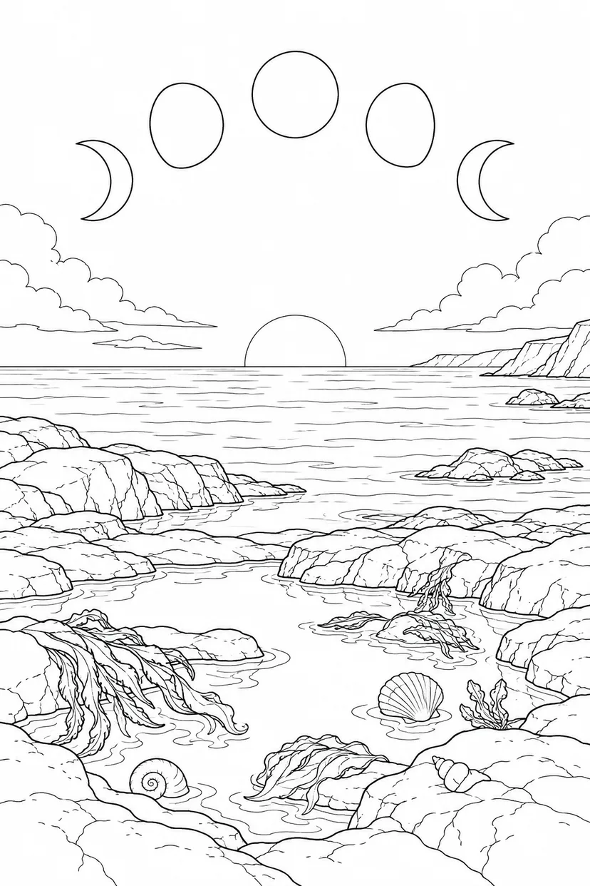 潮だまりの岩礁と月の満ち欠けの塗り絵