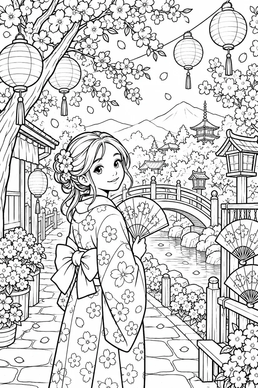 春の小さな祭りの飾り道の塗り絵