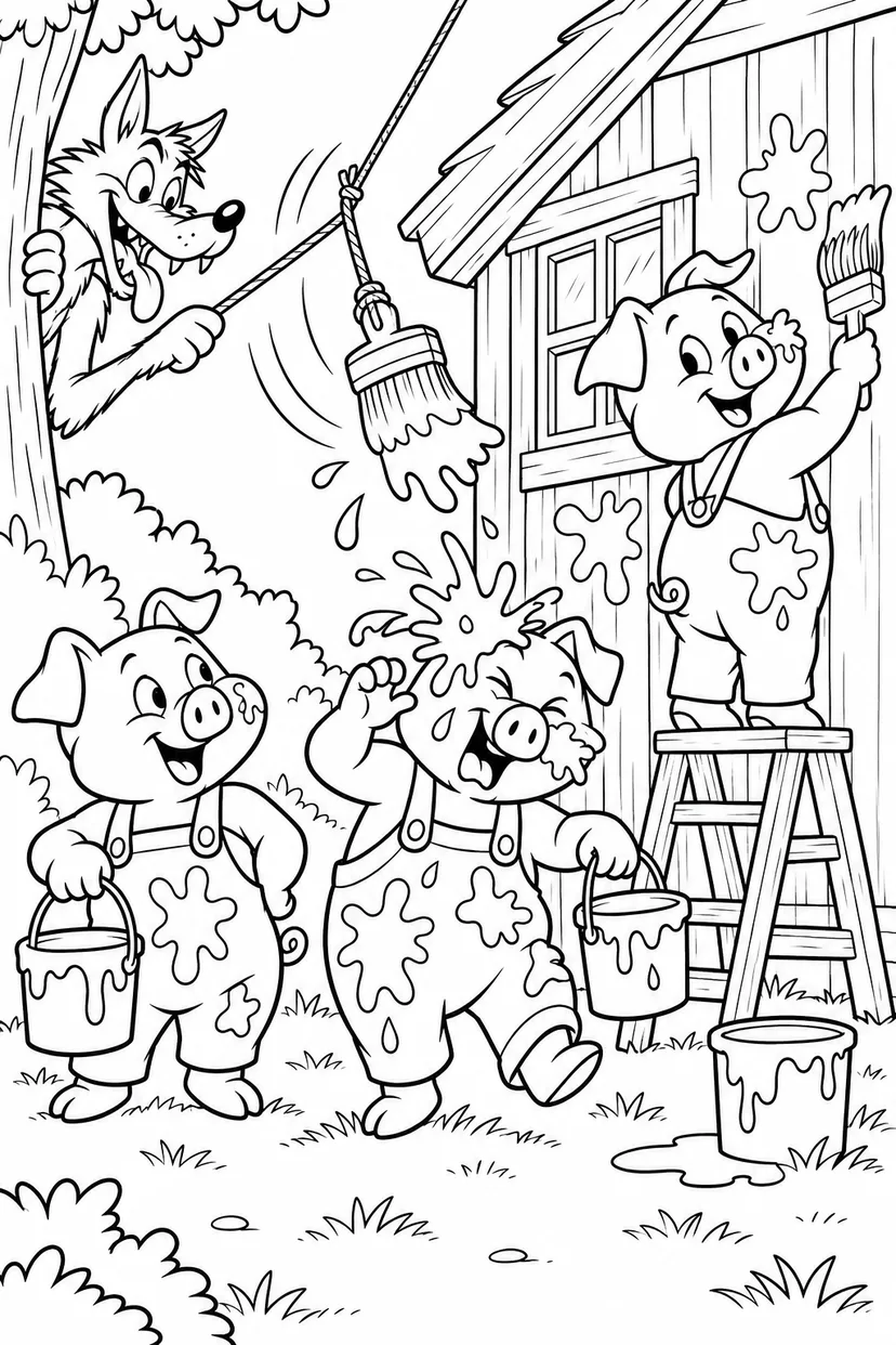 三只小猪：三只小猪浑身都是油漆涂色页