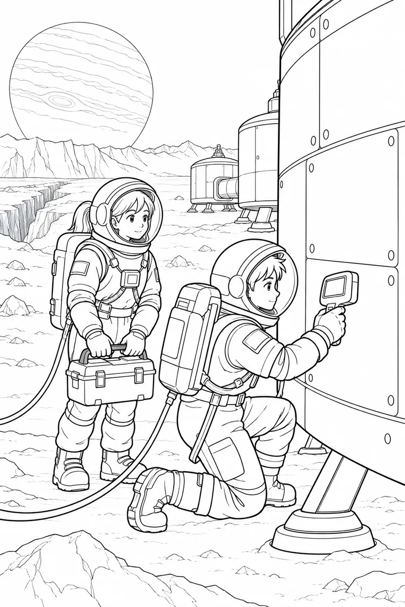 氷の衛星の探査基地：外壁を調べる探査隊の塗り絵