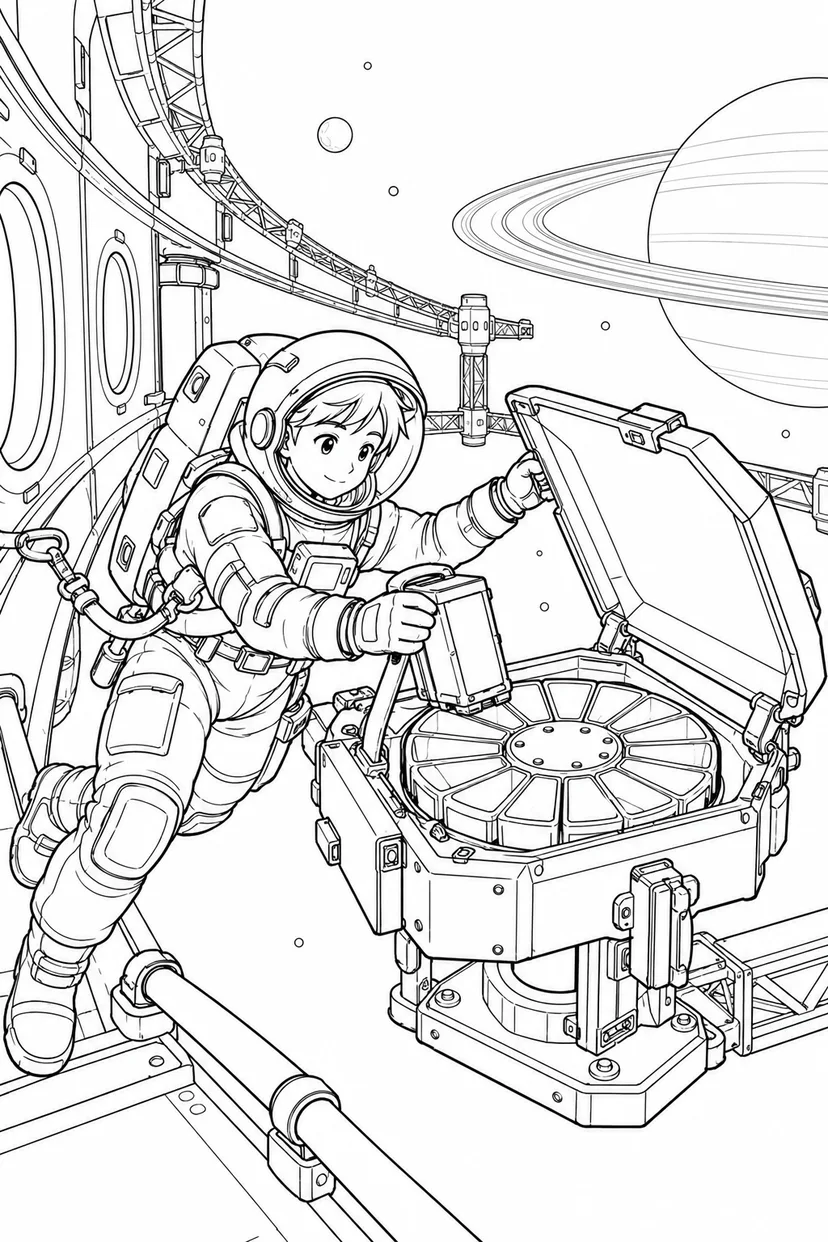環のある惑星の軌道基地：宇宙のちりを集める装置の塗り絵