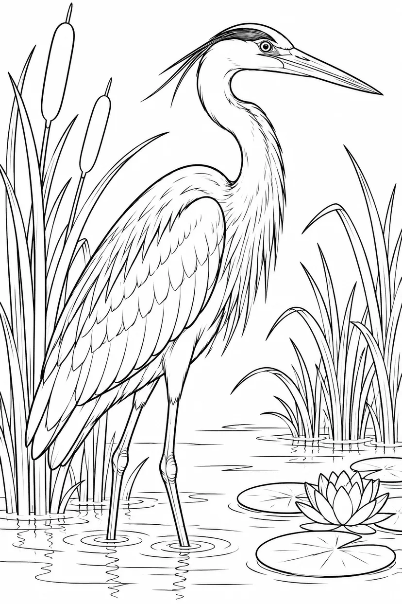 観察スケッチ：サギと水辺の葦の塗り絵