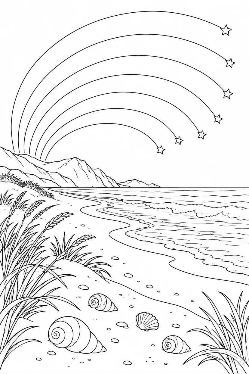 貝殻のある砂浜と星の軌跡の塗り絵