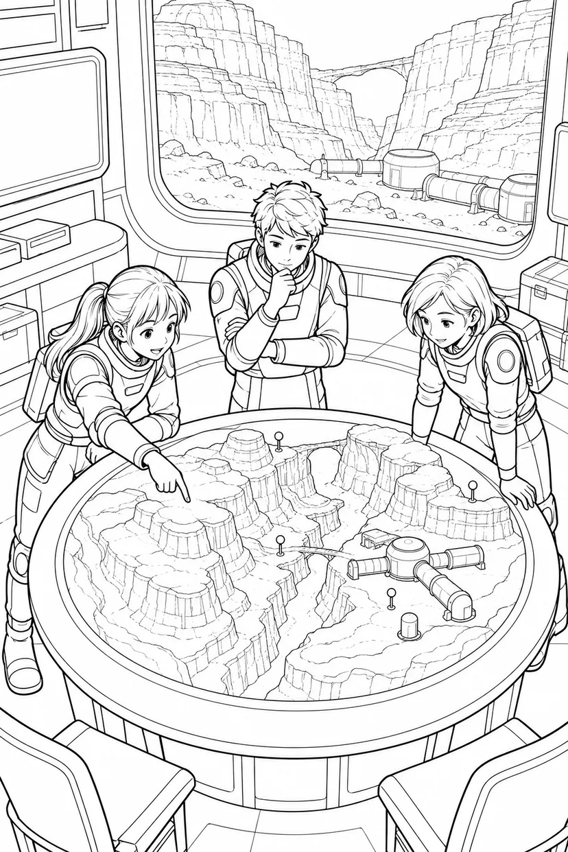 火星の峡谷基地：地形模型と作戦会議の塗り絵