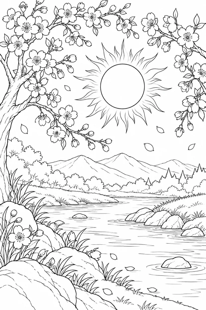 桜の枝と川辺と日食の光の輪の塗り絵