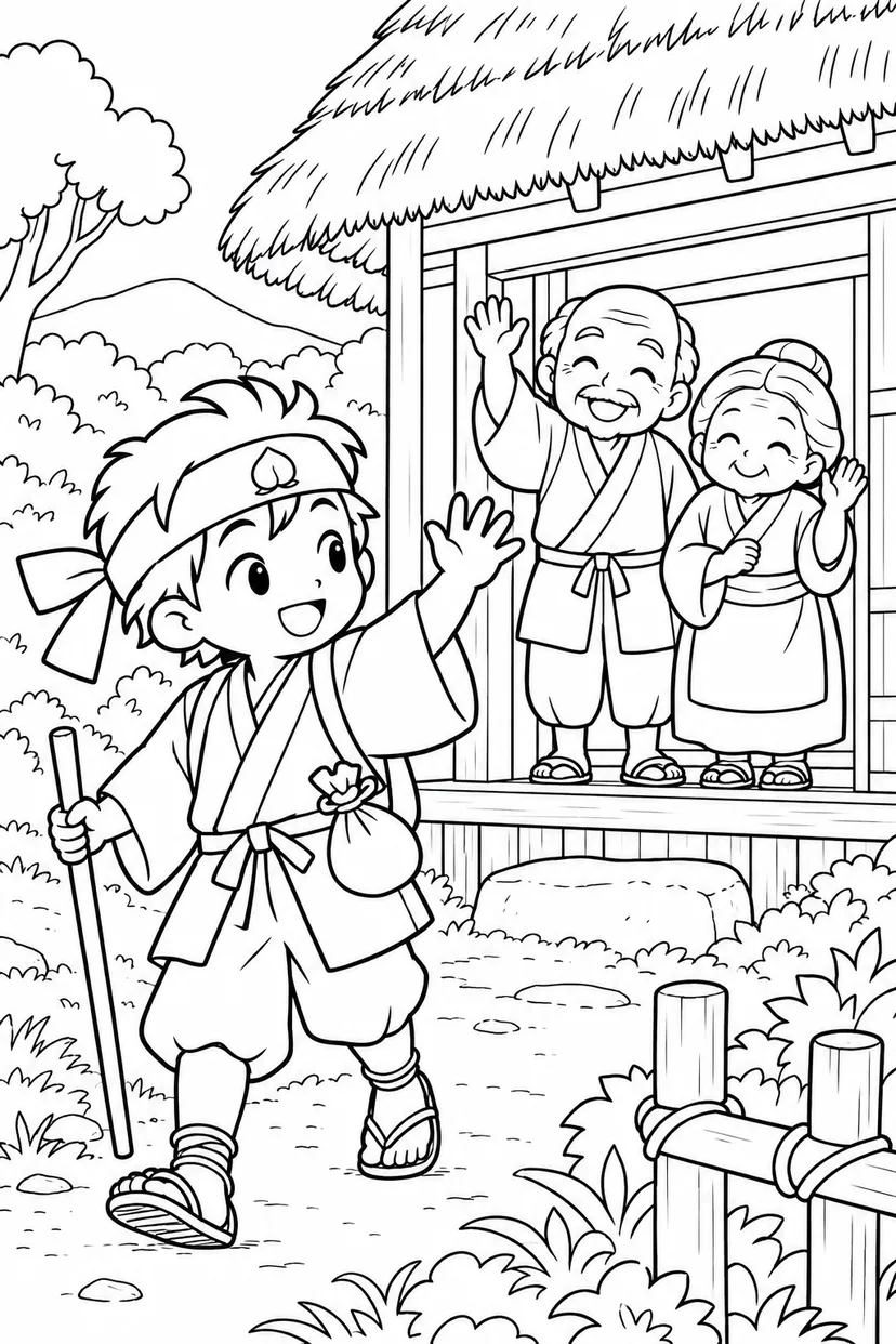 ほっこり桃太郎：桃太郎と家族のお見送りの塗り絵