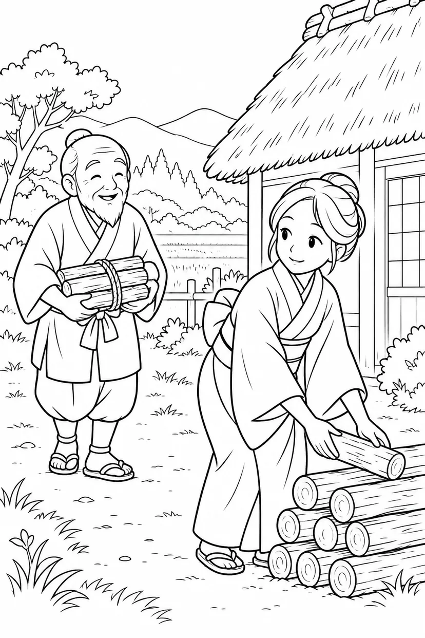 つるの恩返し：軒先で薪のお手伝いの塗り絵