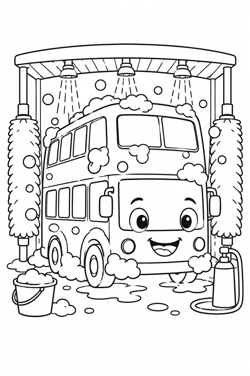 二階建てバスと洗車場の塗り絵