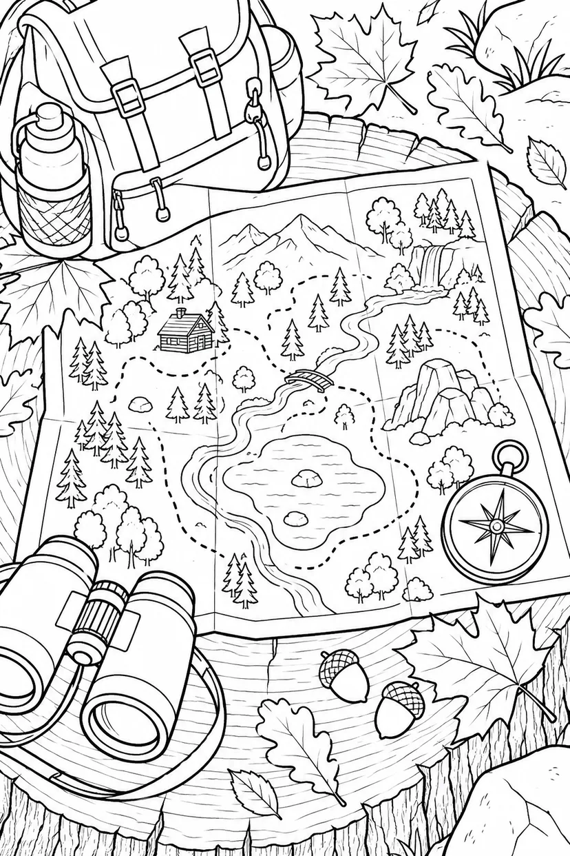 秋の冒険の地図と道具の塗り絵
