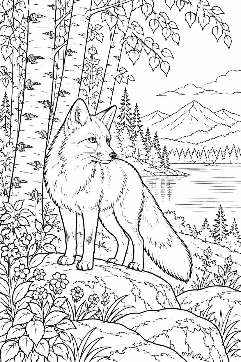 自然のひとこま：キツネと白樺の林の塗り絵